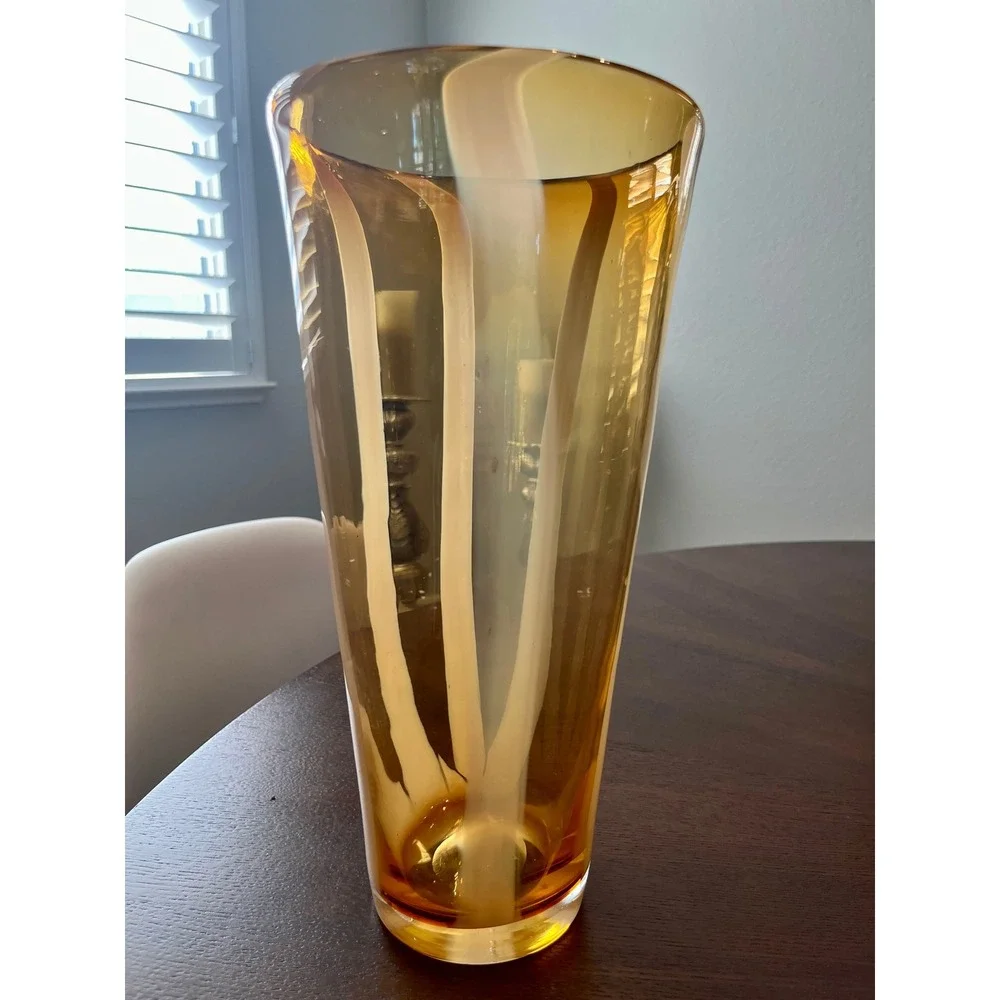 Vintage Murano Style Amber Glass Ribbon Vase Mid Century Hand Blown